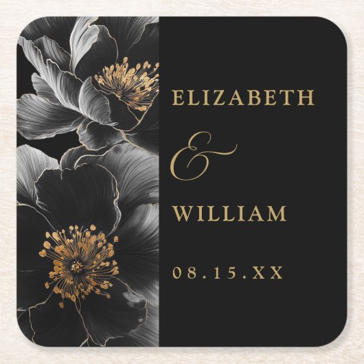 Zwart en goud elegante moderne bloemenbruiloft kartonnen onderzetters (Voorkant)