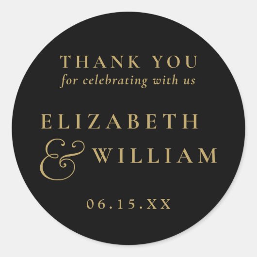 Zwart en goud elegante monogram bruiloft Dank u Ronde Sticker (Voorkant)