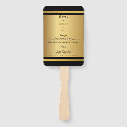 Zwart en goud elegante trouwprogramma's handwaaier (Voorkant)