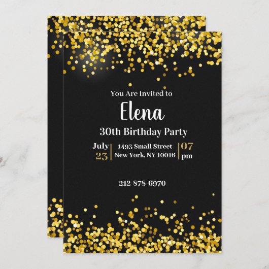 Zwart en Goud Elegante Uitnodiging van het Verjaar (Voorkant / Achterkant)