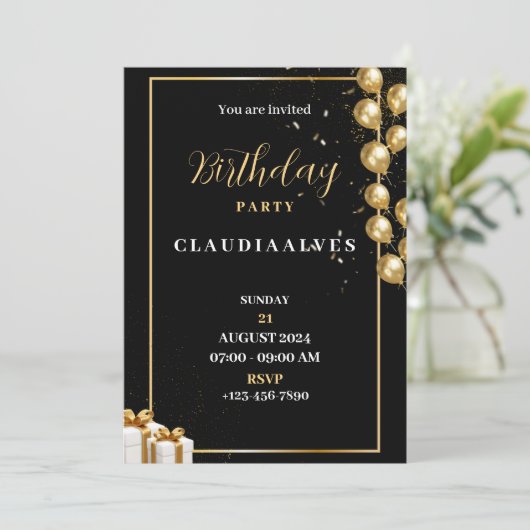 Zwart en Goud Elegante Uitnodiging van het Verjaar (Staand voorkant)