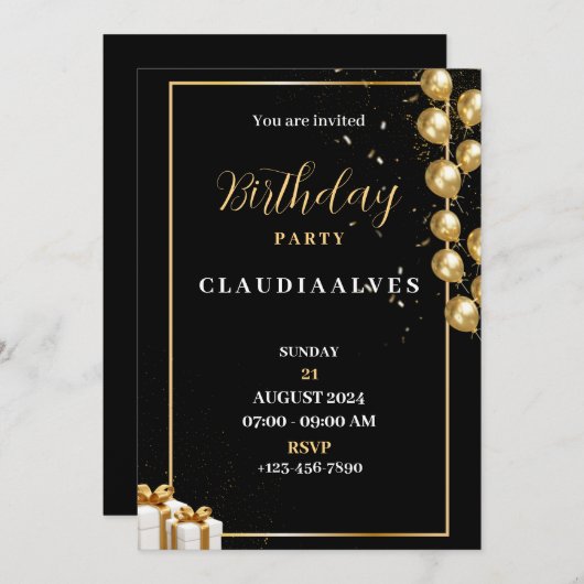 Zwart en Goud Elegante Uitnodiging van het Verjaar (Voorkant / Achterkant)