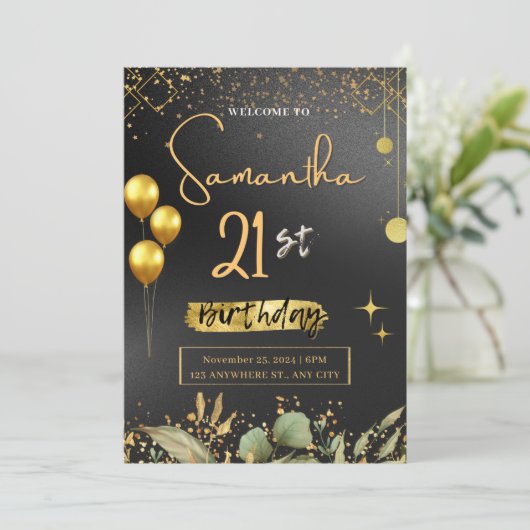 Zwart en Goud Elegante Uitnodiging van het Verjaar (Staand voorkant)