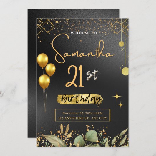Zwart en Goud Elegante Uitnodiging van het Verjaar (Voorkant / Achterkant)