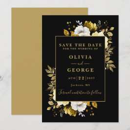 Zwart en Goud Elegante Waterverf Bloemenbruiloft Save The Date