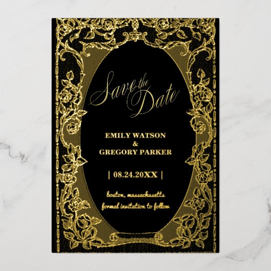 Zwart en Goud Elegantie, Kunst Lijst Folie Uitnodiging (Voorkant)