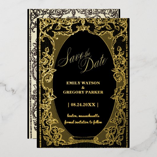 Zwart en Goud Elegantie, Kunst Lijst Folie Uitnodiging (Voorkant / Achterkant)