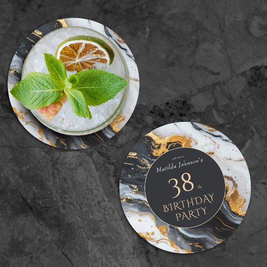 Zwart en goud elke verjaardag ronde kartonnen onderzetter