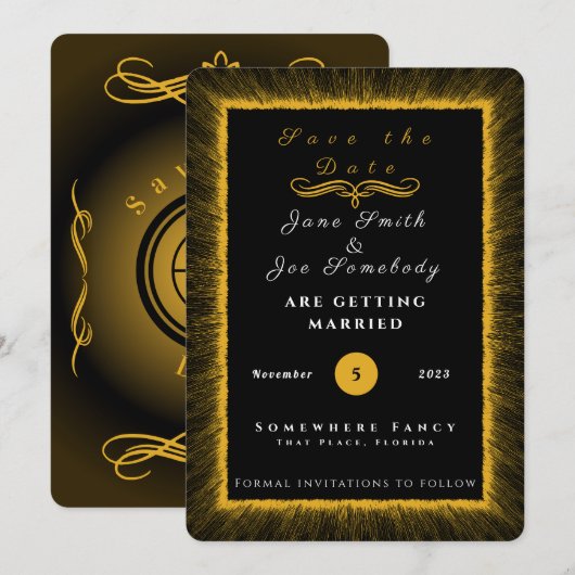Zwart en goud en monogram save the date (Voorkant / Achterkant)