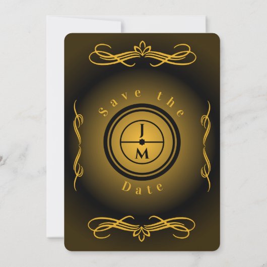 Zwart en goud en monogram save the date (Achterkant)