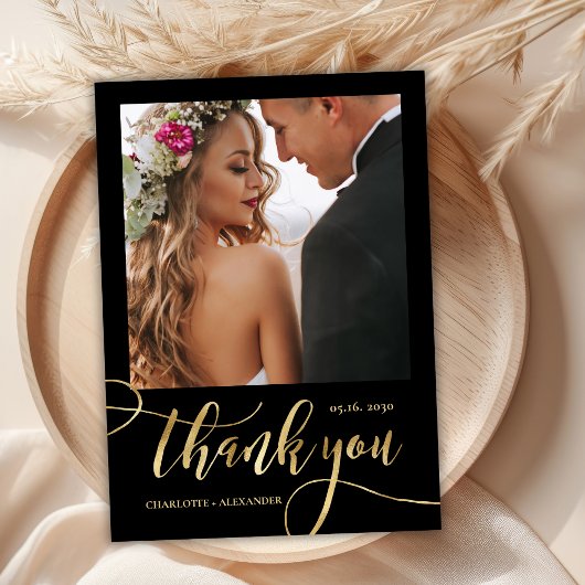 Zwart en goud enorme gouden script 2 foto bruiloft bedankkaart