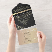 Zwart en goud Fairy Lights bruiloft All In One Uitnodiging (Afscheurbaar)