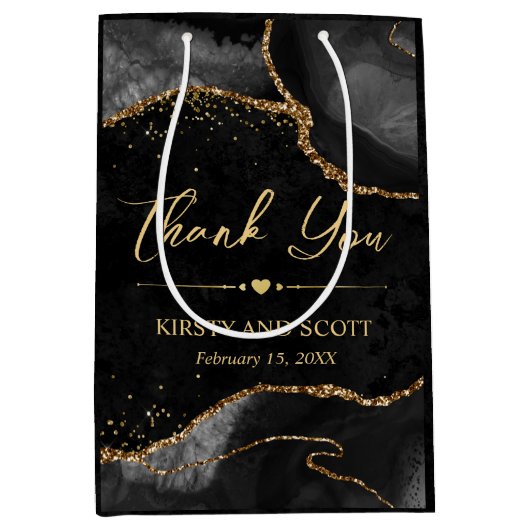 Zwart en Goud Faux Glitter Agaat Huwelijk Medium Cadeauzakje (Voorkant)