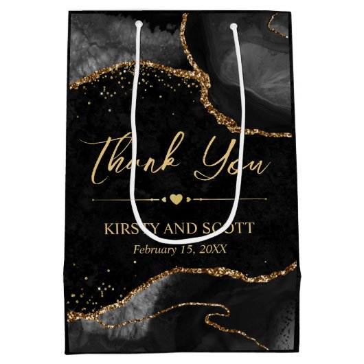 Zwart en Goud Faux Glitter Agaat Huwelijk Medium Cadeauzakje (Achterkant)