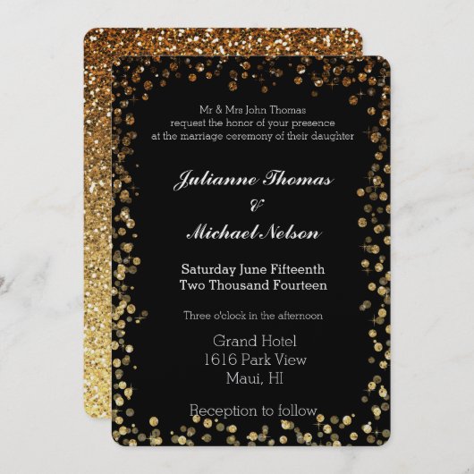 Zwart en Goud Faux Glitter Bokeh Bruiloft Kaart (Voorkant / Achterkant)