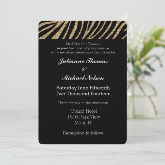 Zwart en Goud Faux Glitter Zebra Print Bruiloft Kaart (Staand voorkant)