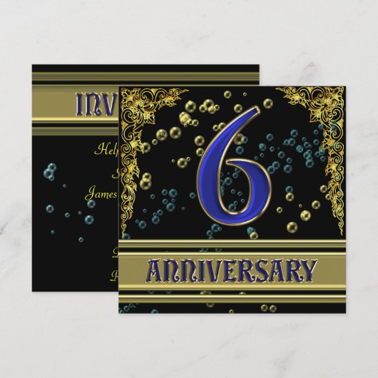 Zwart en goud feest voor 6-jarig jubileum kaart (Voorkant / Achterkant)