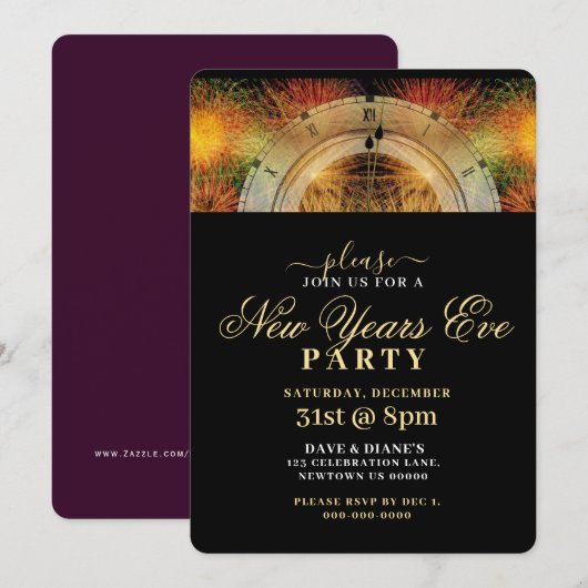 ZWART EN GOUD, FEESTELIJKE KLOK, NIEUWJAARSFEEST KAART (Voorkant / Achterkant)