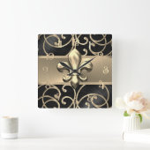 Zwart en goud filigraan krullen Fleur de Lis Vierkante Klok (Huis)