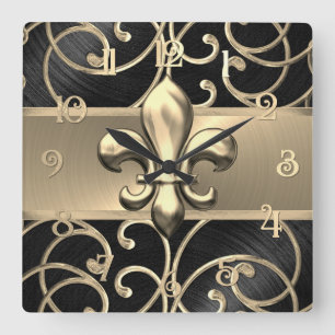 Zwart en goud filigraan krullen Fleur de Lis Vierkante Klok