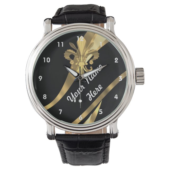 Zwart en goud fleur de lys gepersonaliseerd horloge (Voorkant)