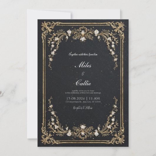 Zwart en goud Floral Grand Wedding Kaart (Voorkant)