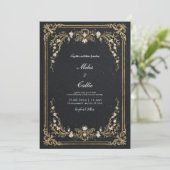 Zwart en goud Floral Grand Wedding Kaart (Staand voorkant)