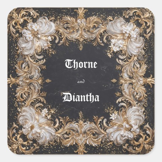 Zwart en Goud Floral Luxe bruiloft Sticker (Voorkant)