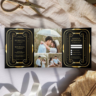 Zwart en goud folie Art Deco foto collage bruiloft Drieluik Uitnodiging