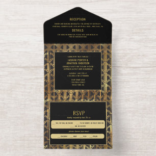 Zwart en goud folie Gatsby-geïnspireerd huwelijk All In One Uitnodiging