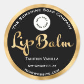 Zwart en goud folie lippenbalsem label met logo. (Voorkant)