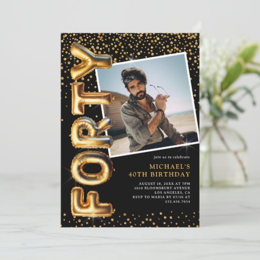 Zwart en goud foto 40e verjaardag kaart (Staand voorkant)
