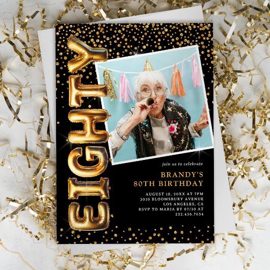 Zwart en goud foto 80ste verjaardag kaart