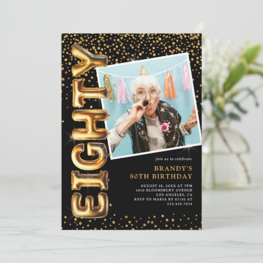 Zwart en goud foto 80ste verjaardag kaart (Staand voorkant)
