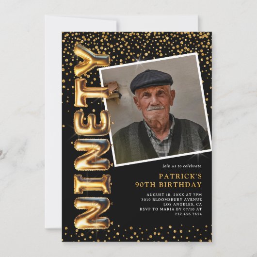 Zwart en goud foto 90ste verjaardag kaart (Voorkant)
