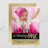 Zwart en goud foto eerste verjaardag kaart (Voorkant / Achterkant)