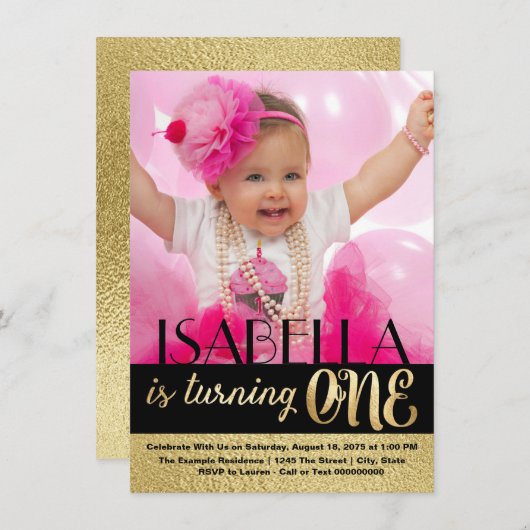 Zwart en goud foto eerste verjaardag kaart (Voorkant / Achterkant)