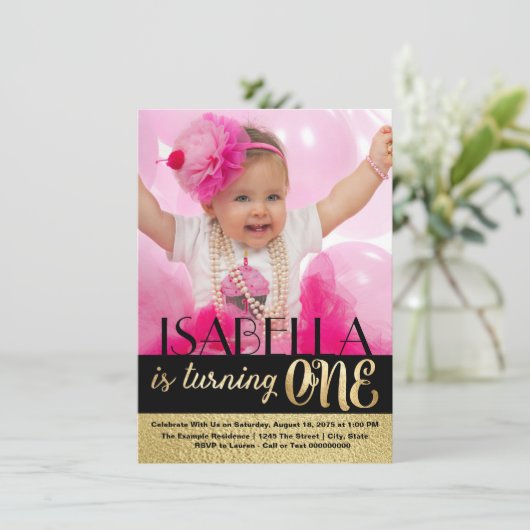 Zwart en goud foto eerste verjaardag kaart (Staand voorkant)