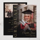 Zwart en Goud Foto PhD Degree Graduation Party Kaart (Voorkant / Achterkant)