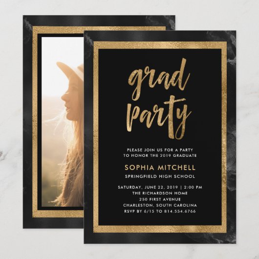 Zwart en goud | Foto van Graduation Party Kaart (Voorkant / Achterkant)