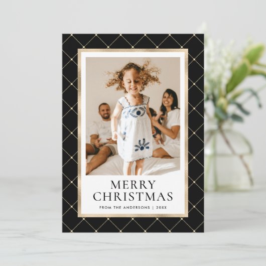 Zwart en Goud Foto Vrolijk Kerstfeest Kaart (Staand voorkant)