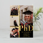 Zwart en Goud Fotocollage PhD Afstudeerfeest Folie Uitnodiging (Staand Voorkant)