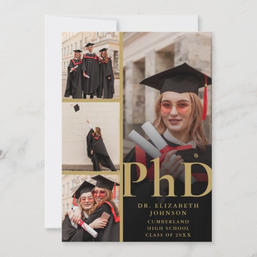 Zwart en Goud Fotocollage PhD Afstudeerfeest Kaart (Voorkant)