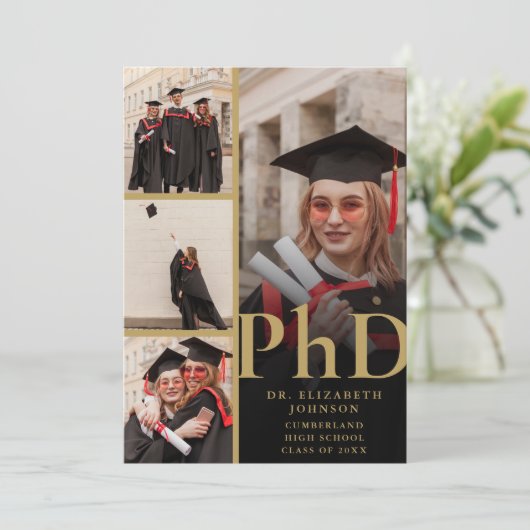 Zwart en Goud Fotocollage PhD Afstudeerfeest Kaart (Staand voorkant)