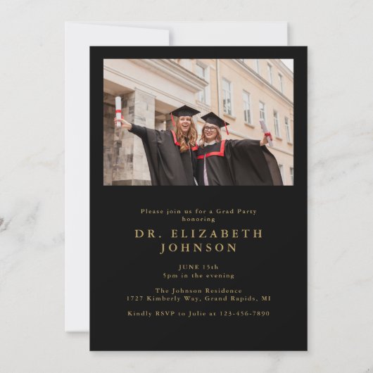 Zwart en Goud Fotocollage PhD Afstudeerfeest Kaart (Achterkant)