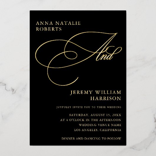 Zwart en Goud Fotoscript en QR Code Bruiloft Folie Uitnodiging (Voorkant)