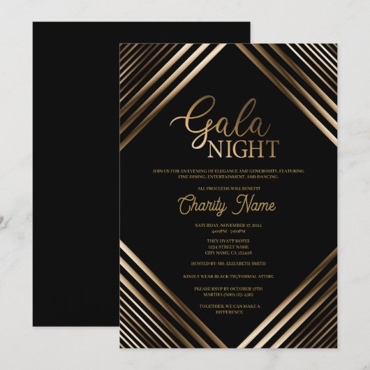 Zwart en Goud Gala Nachtuitnodiging Sjabloon Kaart (Voorkant / Achterkant)