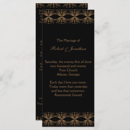 Zwart en Goud Gay Huwelijksprogramma Programmakaart (Voorkant / Achterkant)