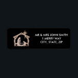 Zwart en Goud Geboorte Kerstmis Terugkeeradres Etiket<br><div class="desc">Goud en zwart elegante kerst retour adreslabels voor al uw vakantie kaarten. Jezus in een kribbe met Maria en Jozef knielend,  kerststal,  ster van Bethlehem. Moderne typografie. #Christmas #nativity</div>