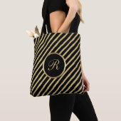 Zwart en goud geborstelde strepen met monogram tote bag (Dichtbij)